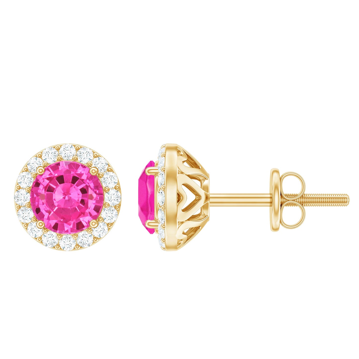 Lab Created Pink Sapphire and Diamond Halo Stud Earrings