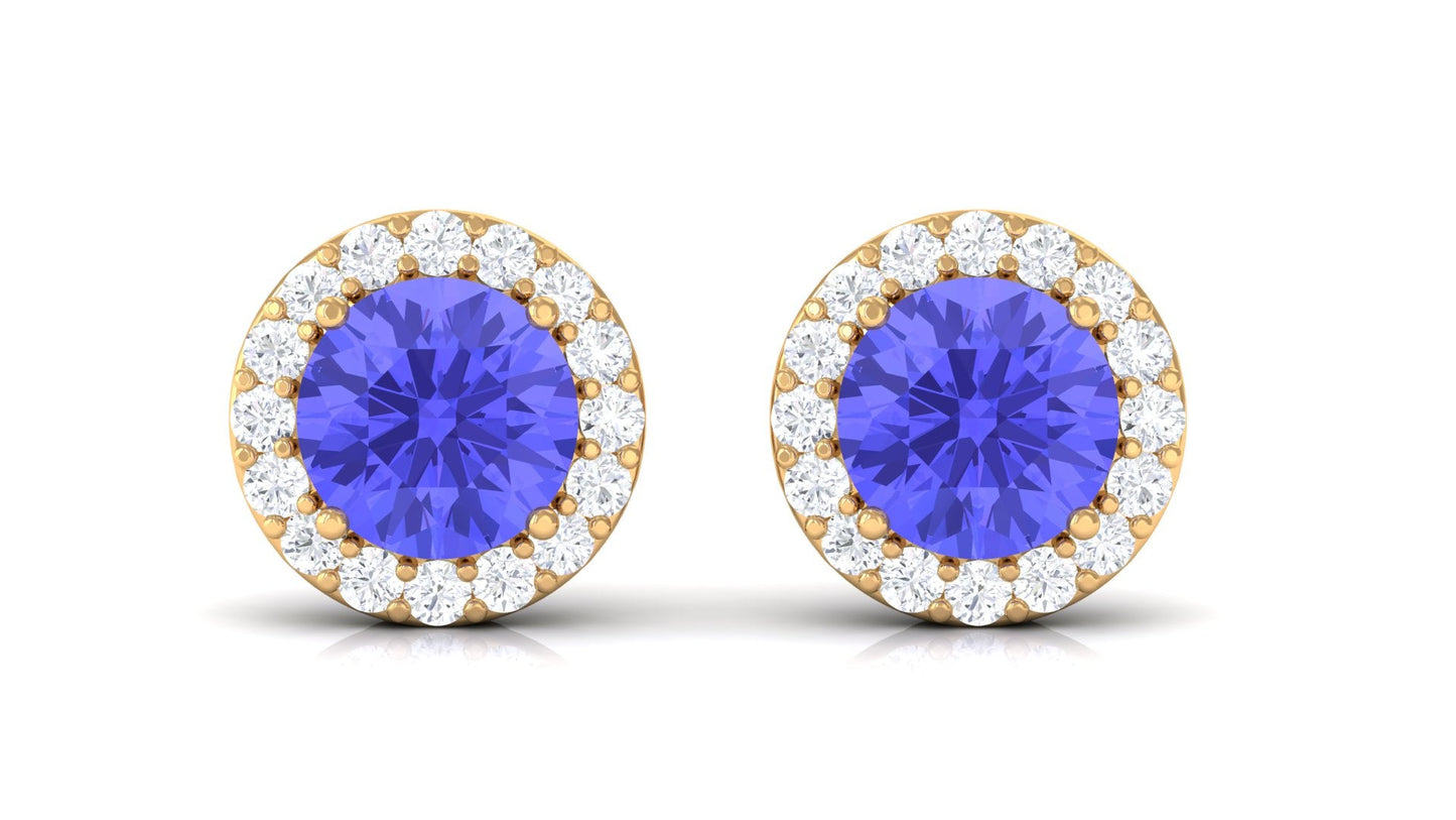 Real Tanzanite Halo Stud Earrings with Dimaond
