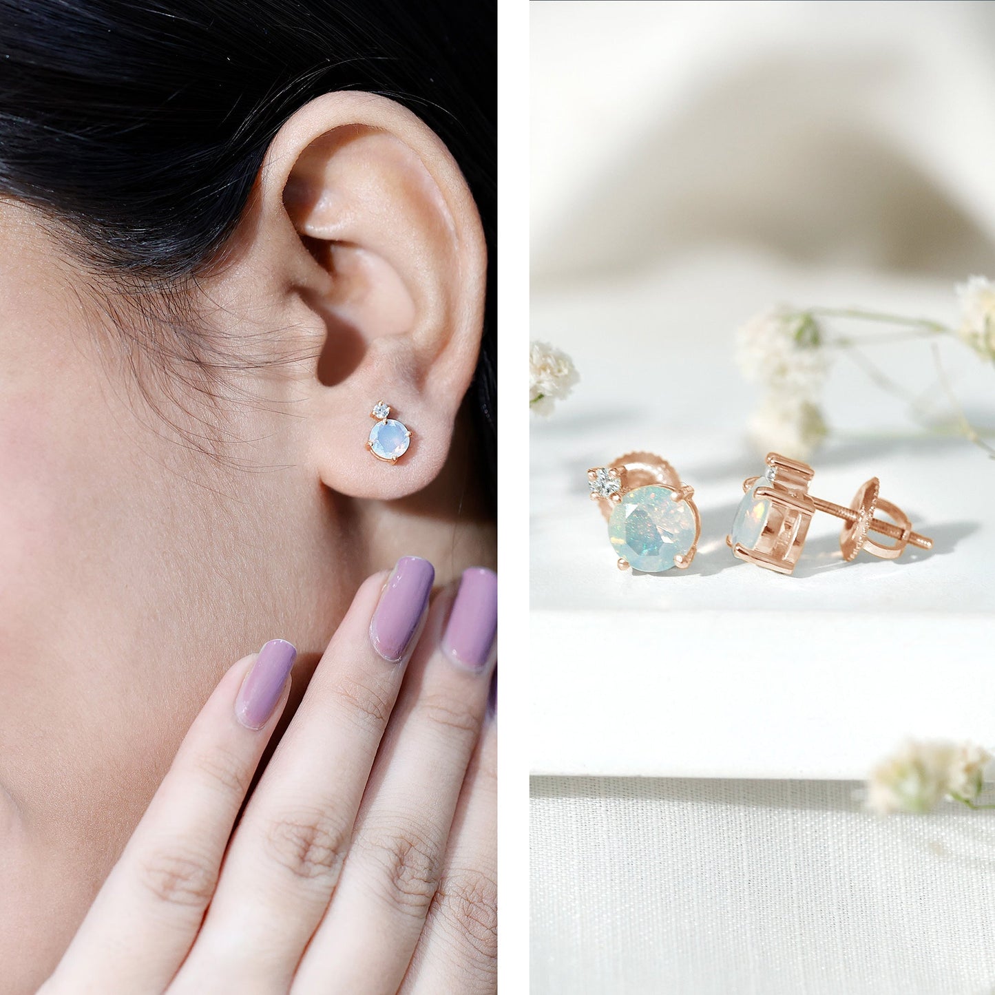 Ethiopian Opal Diamond Solitaire Stud Earrings
