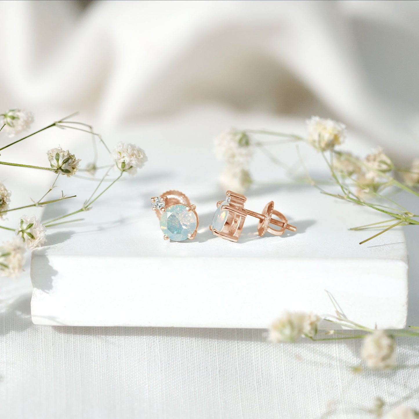 Ethiopian Opal Diamond Solitaire Stud Earrings