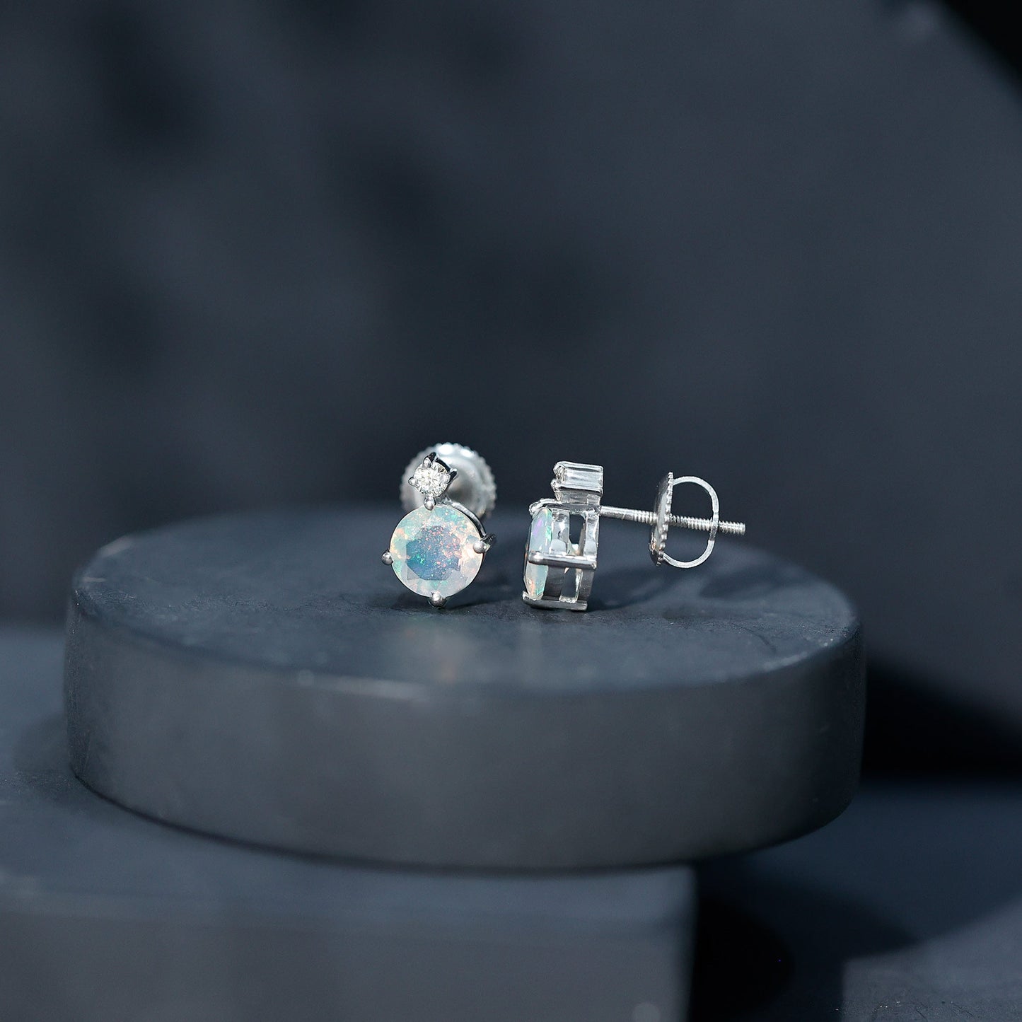 Ethiopian Opal Diamond Solitaire Stud Earrings