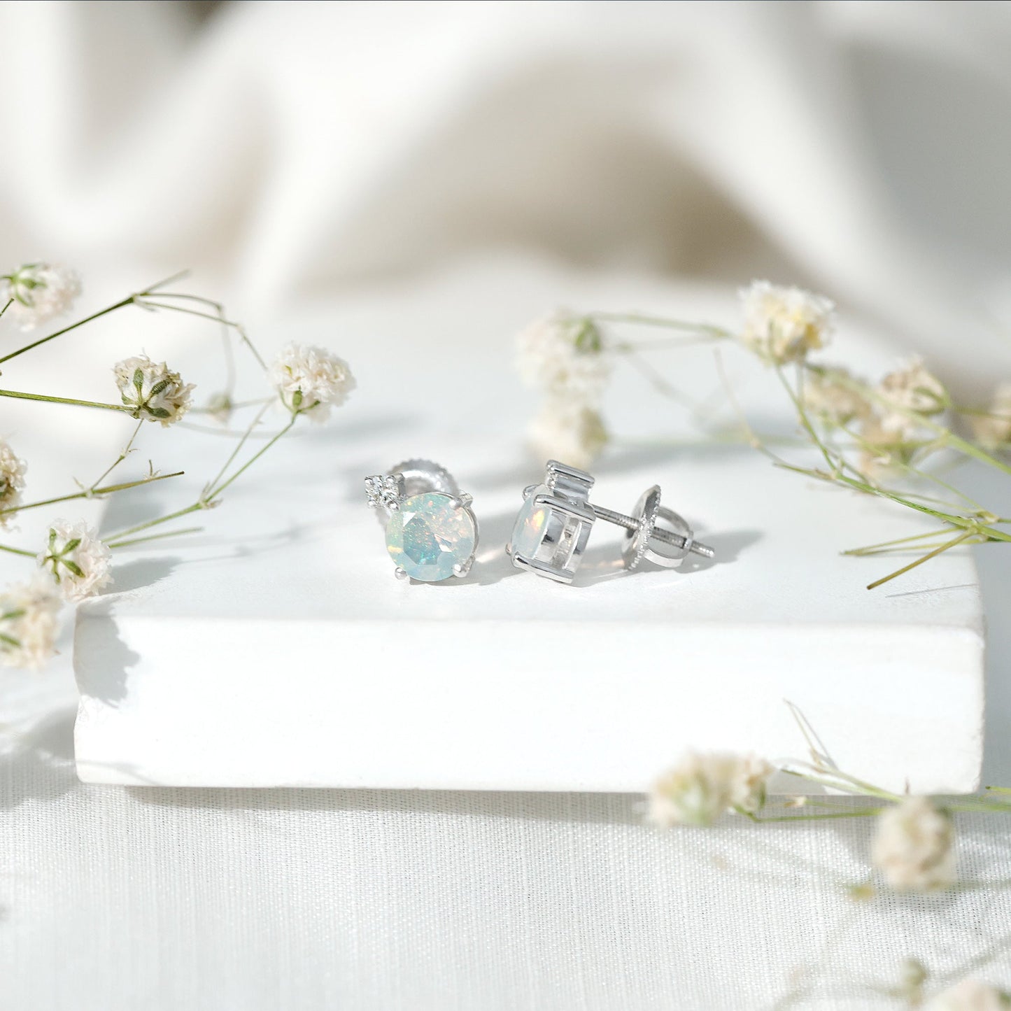 Ethiopian Opal Diamond Solitaire Stud Earrings
