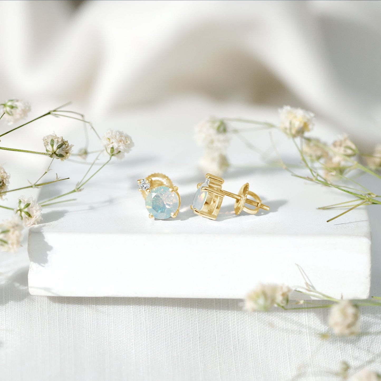 Ethiopian Opal Diamond Solitaire Stud Earrings