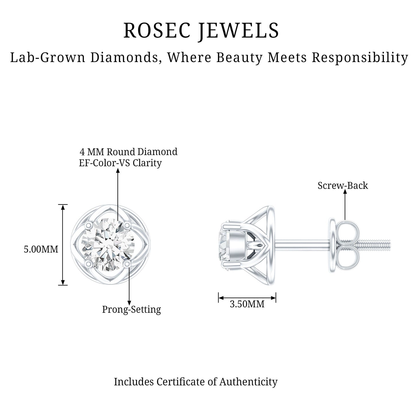 Round Diamond Solitaire Stud Earrings with Screw Back