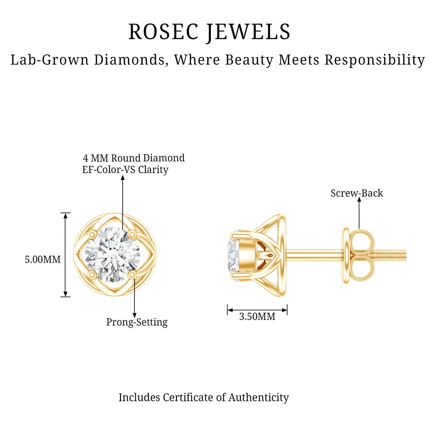 Round Diamond Solitaire Stud Earrings with Screw Back