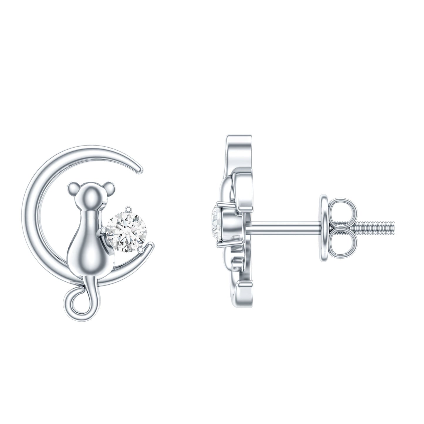 Diamond Cat Moon Stud Earrings for Women