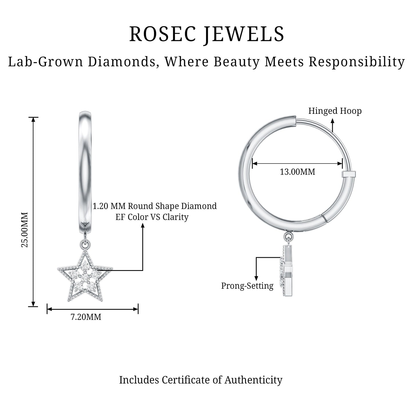 Diamond Star Drop Hoop Earrings
