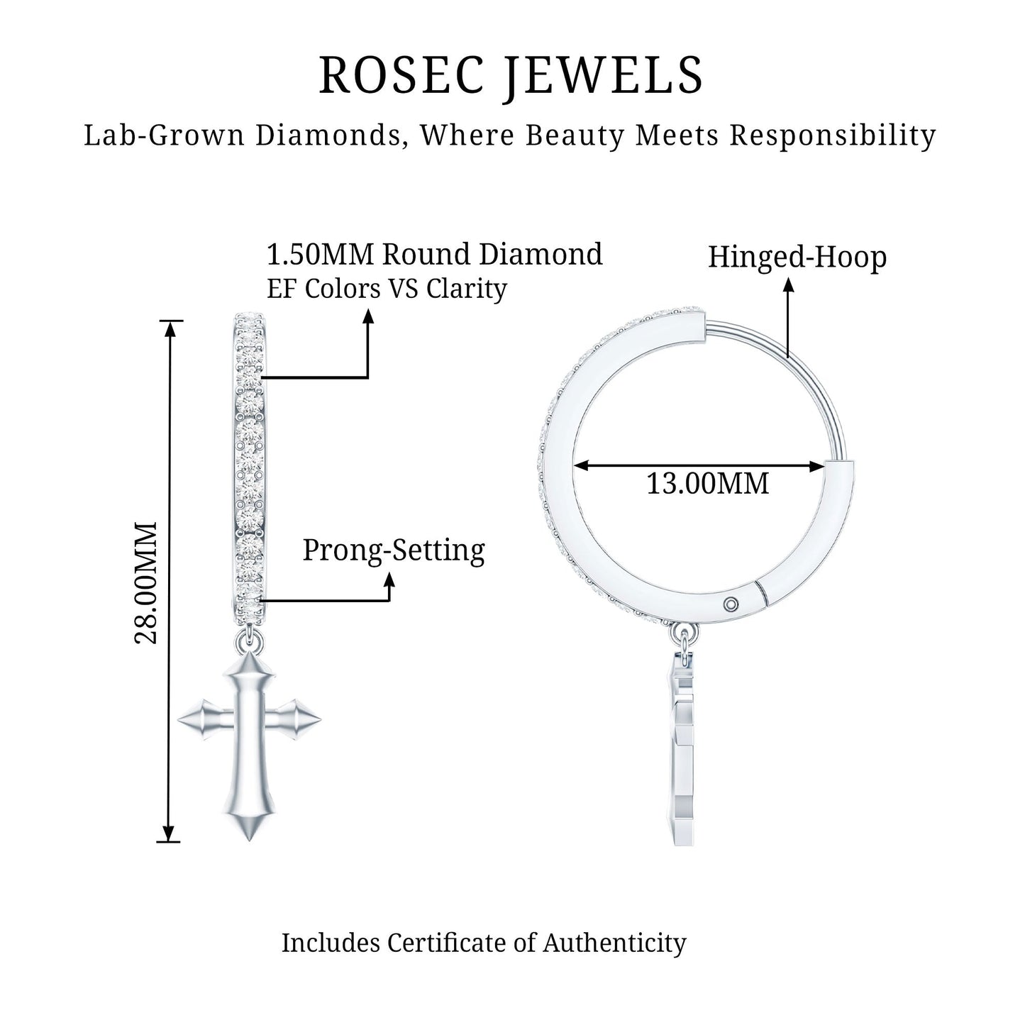 Certified Diamond Cross Drop Hoop Earrings