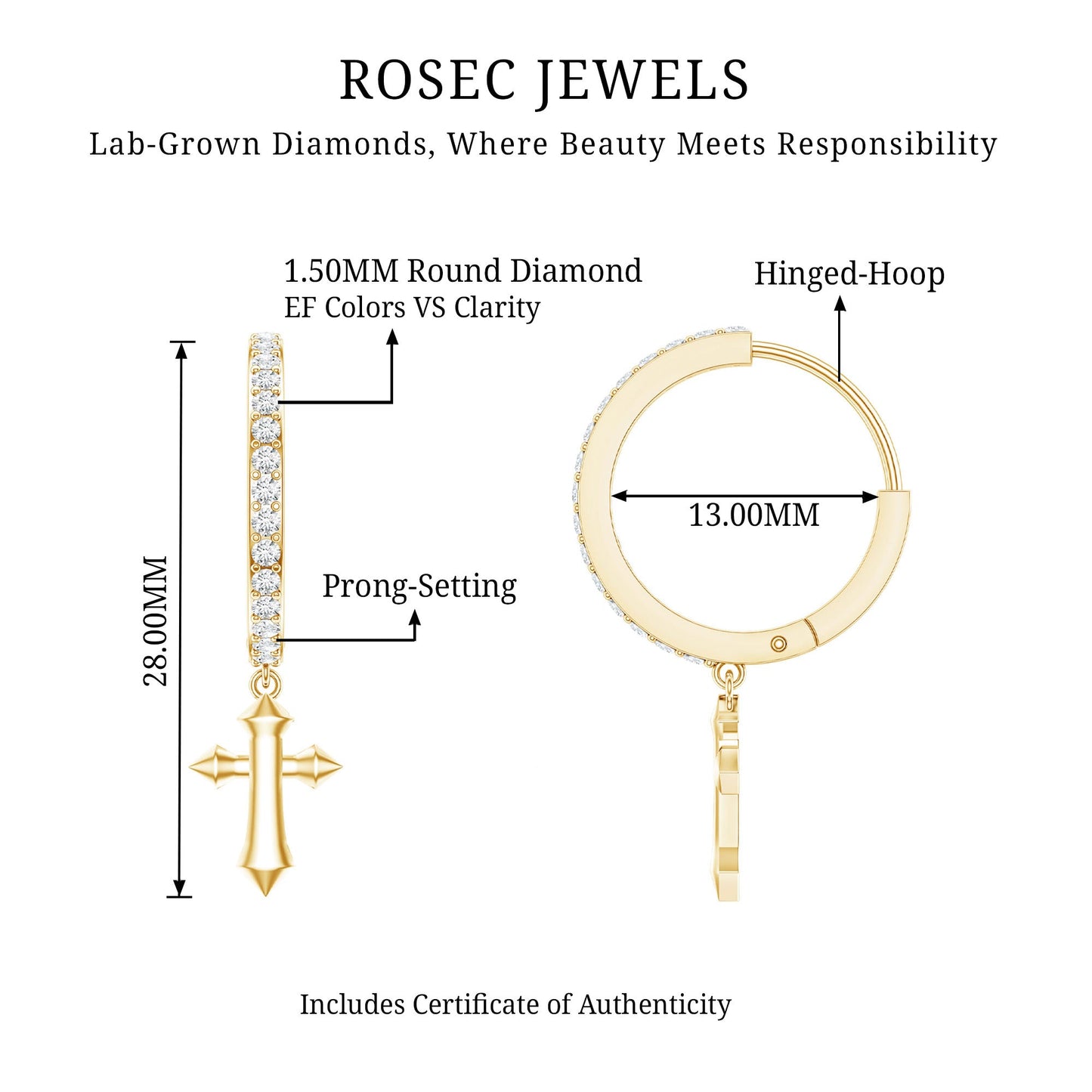 Certified Diamond Cross Drop Hoop Earrings