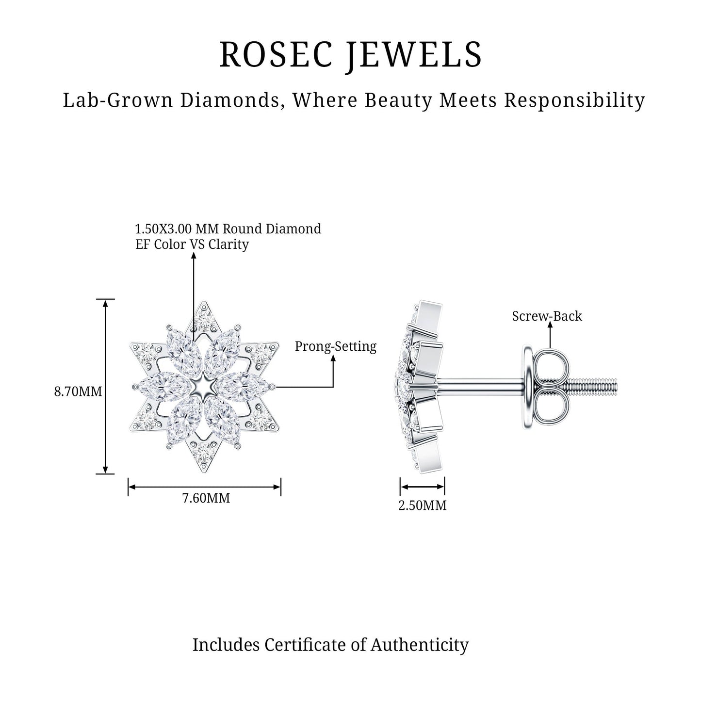Round Diamond Flower Stud Earrings With Screw Back
