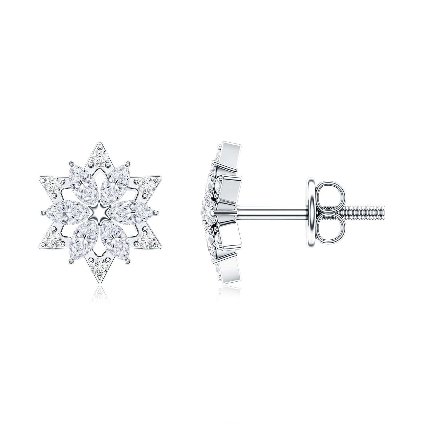 Round Diamond Flower Stud Earrings With Screw Back
