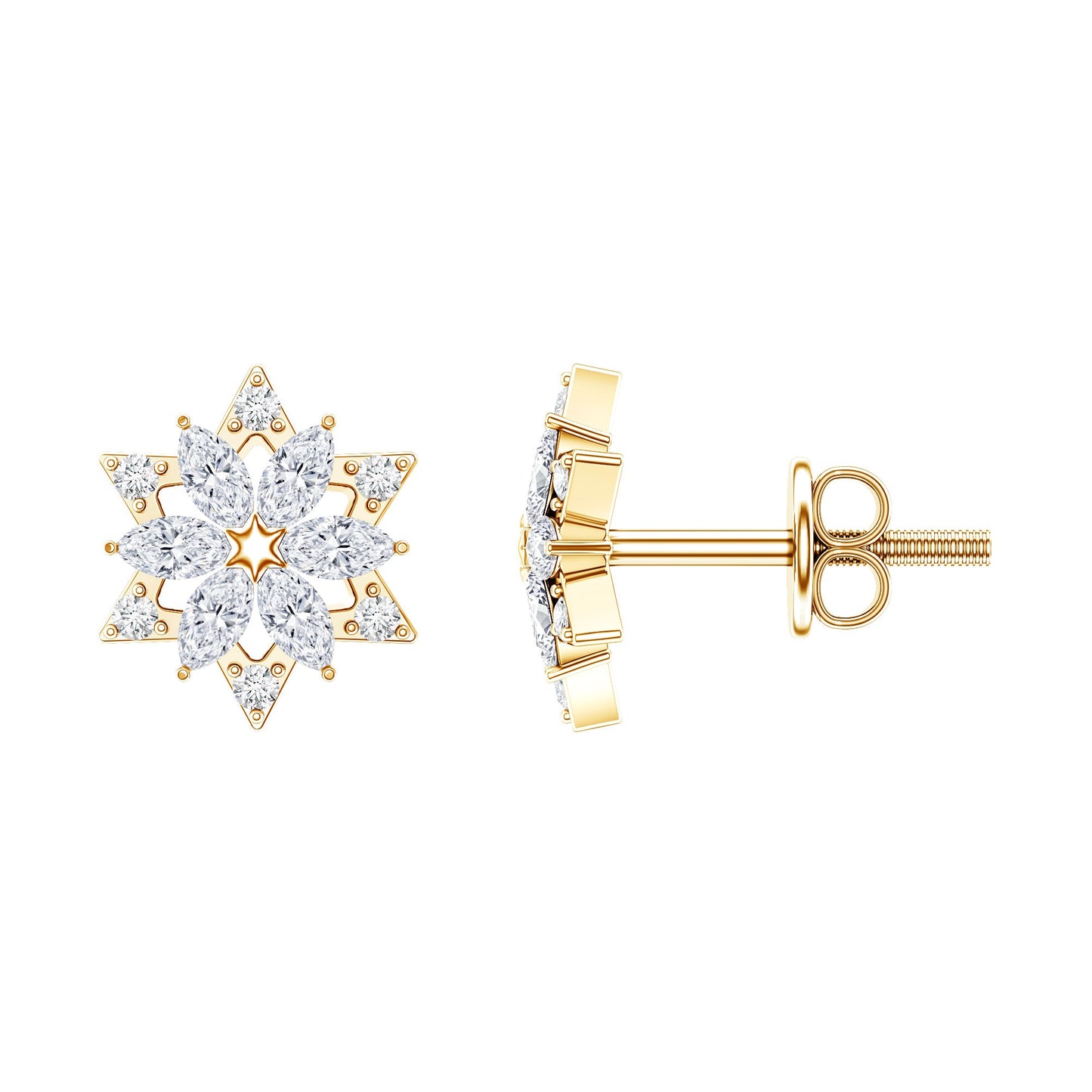 Round Diamond Flower Stud Earrings With Screw Back