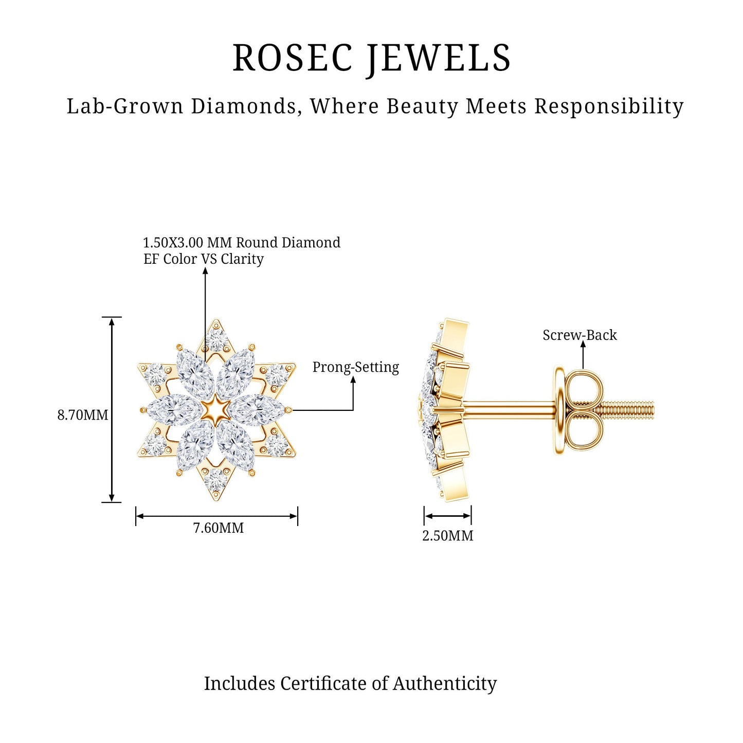 Round Diamond Flower Stud Earrings With Screw Back