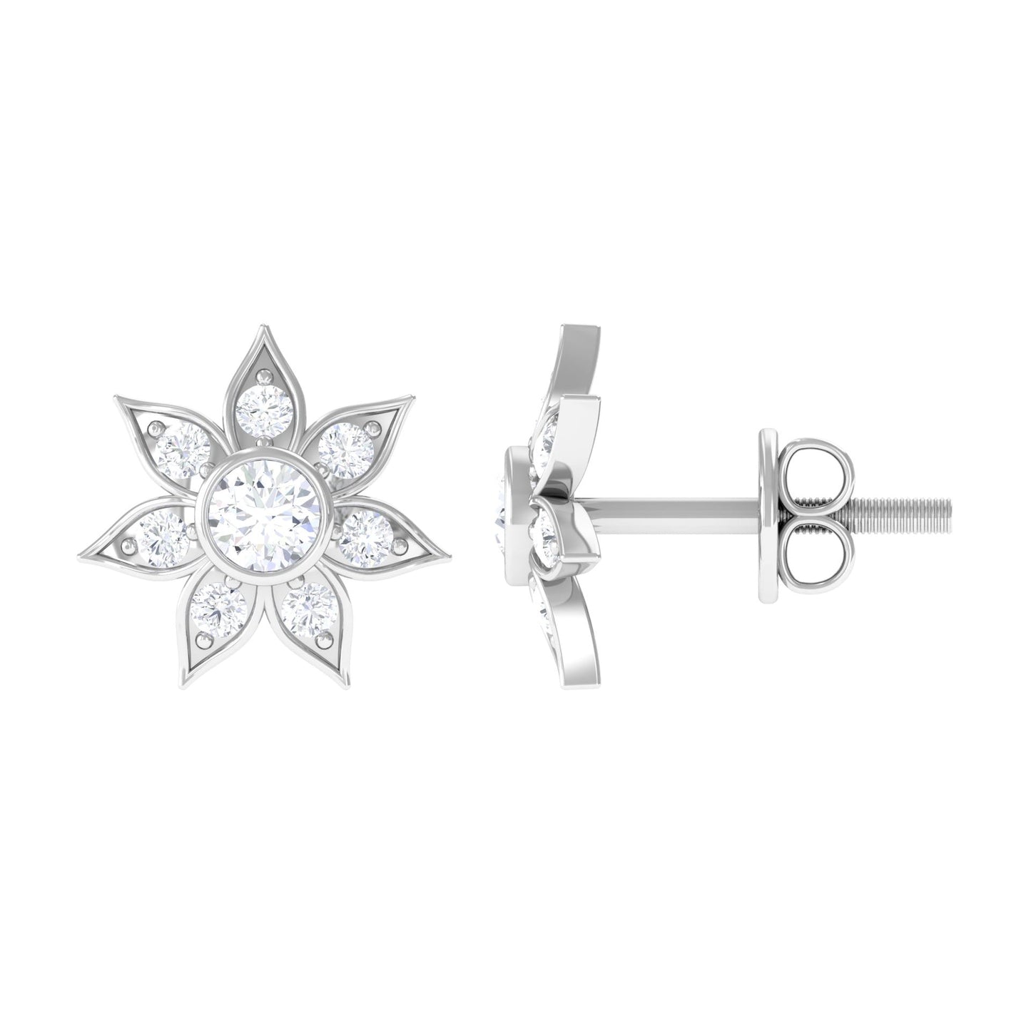 Natural Diamond Flower Earrings with Screw Back