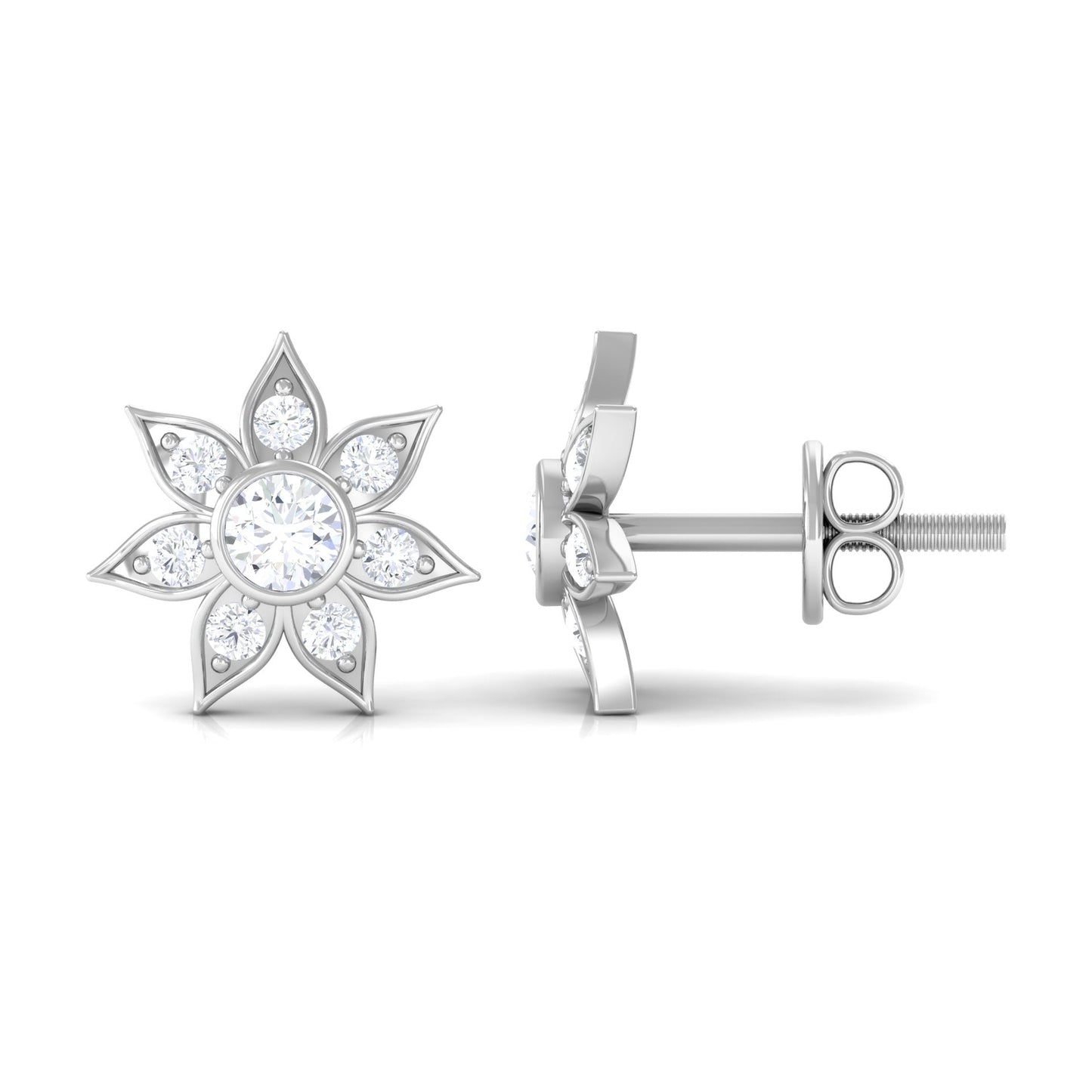 Natural Diamond Flower Earrings with Screw Back