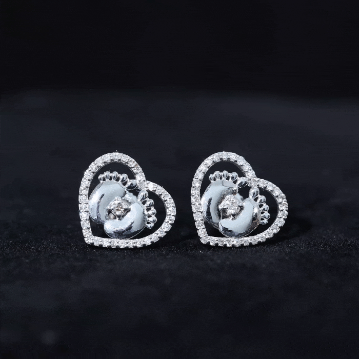 Diamond Heart Stud Earrings with Baby Feet