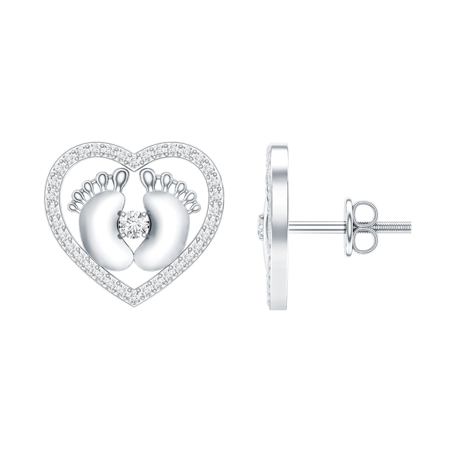 Diamond Heart Stud Earrings with Baby Feet