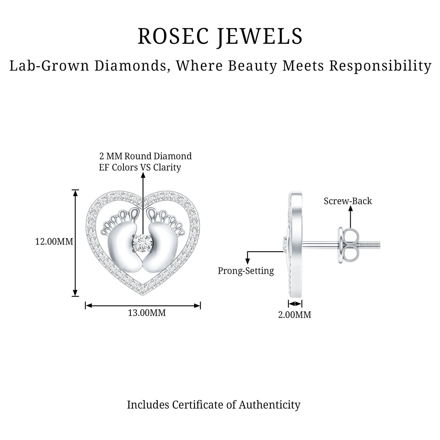 Diamond Heart Stud Earrings with Baby Feet