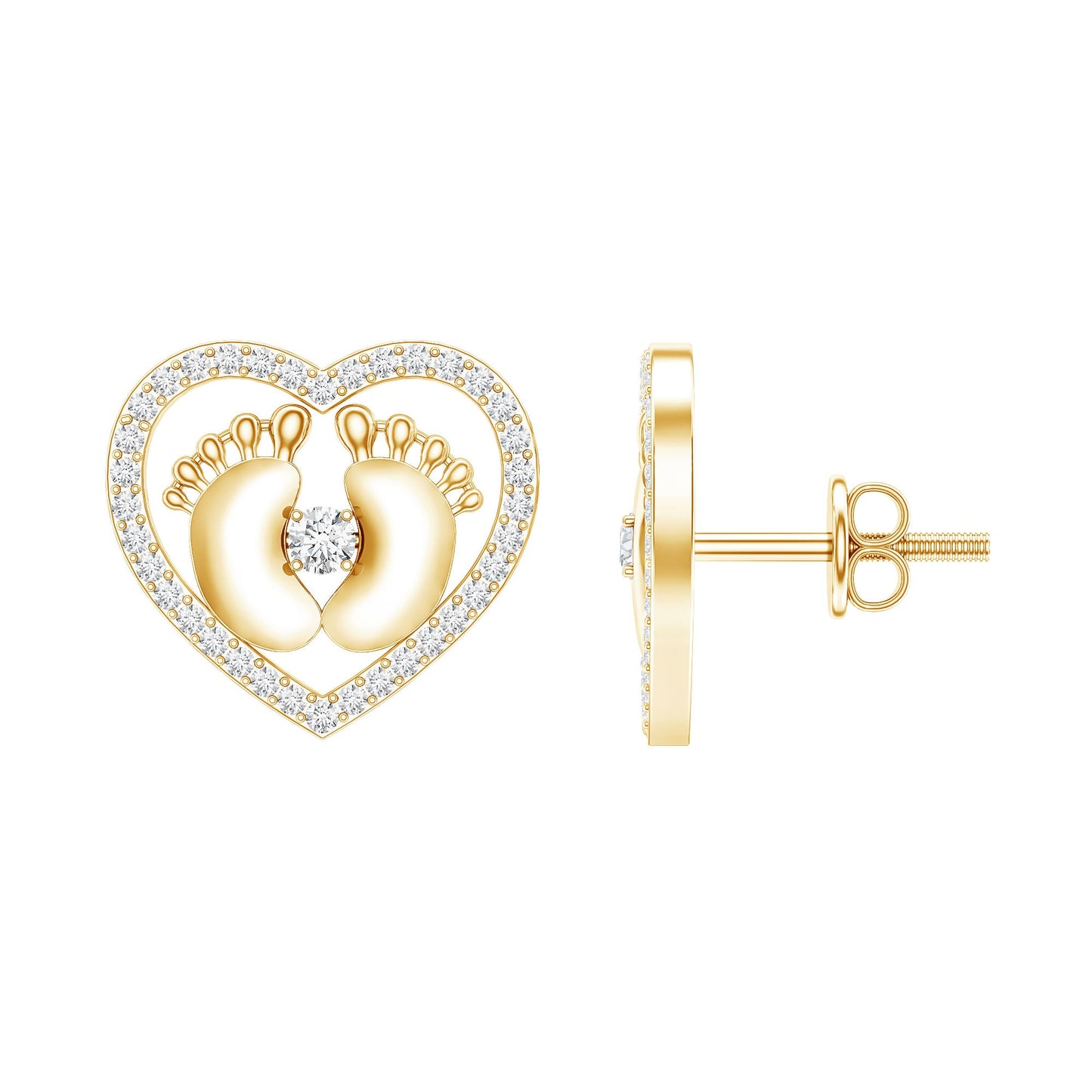 Diamond Heart Stud Earrings with Baby Feet