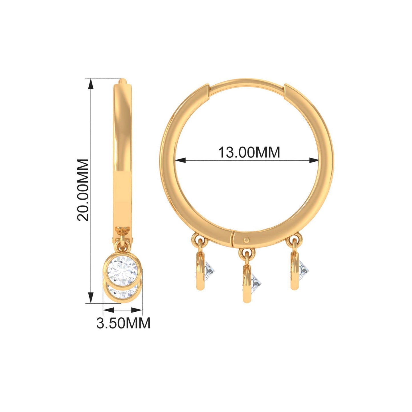 Natural 3 Stone Diamond Drop Hoop Earrings