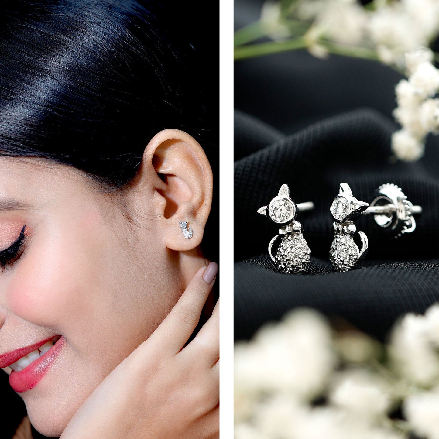 Certified Diamond Cat Kitty Earrings
