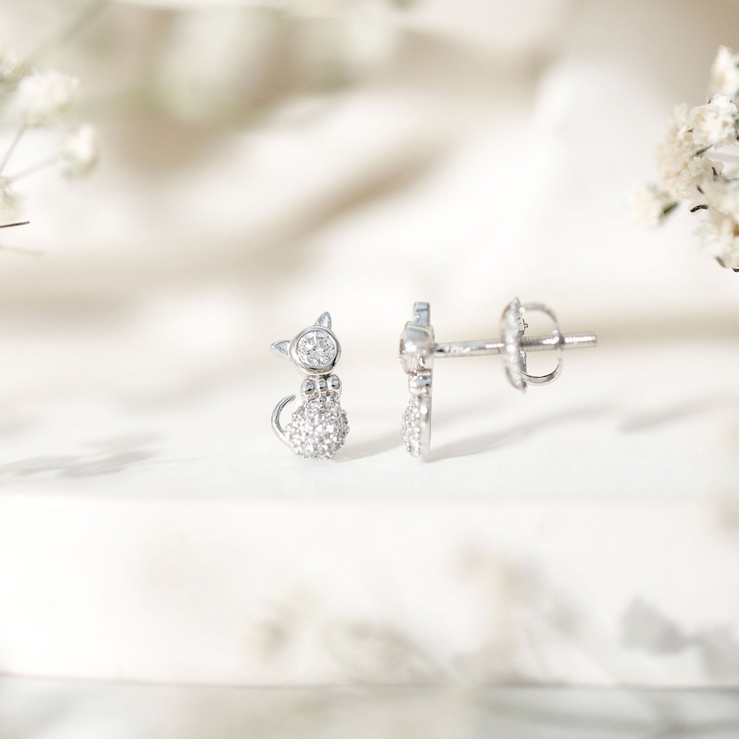 Certified Diamond Cat Kitty Earrings