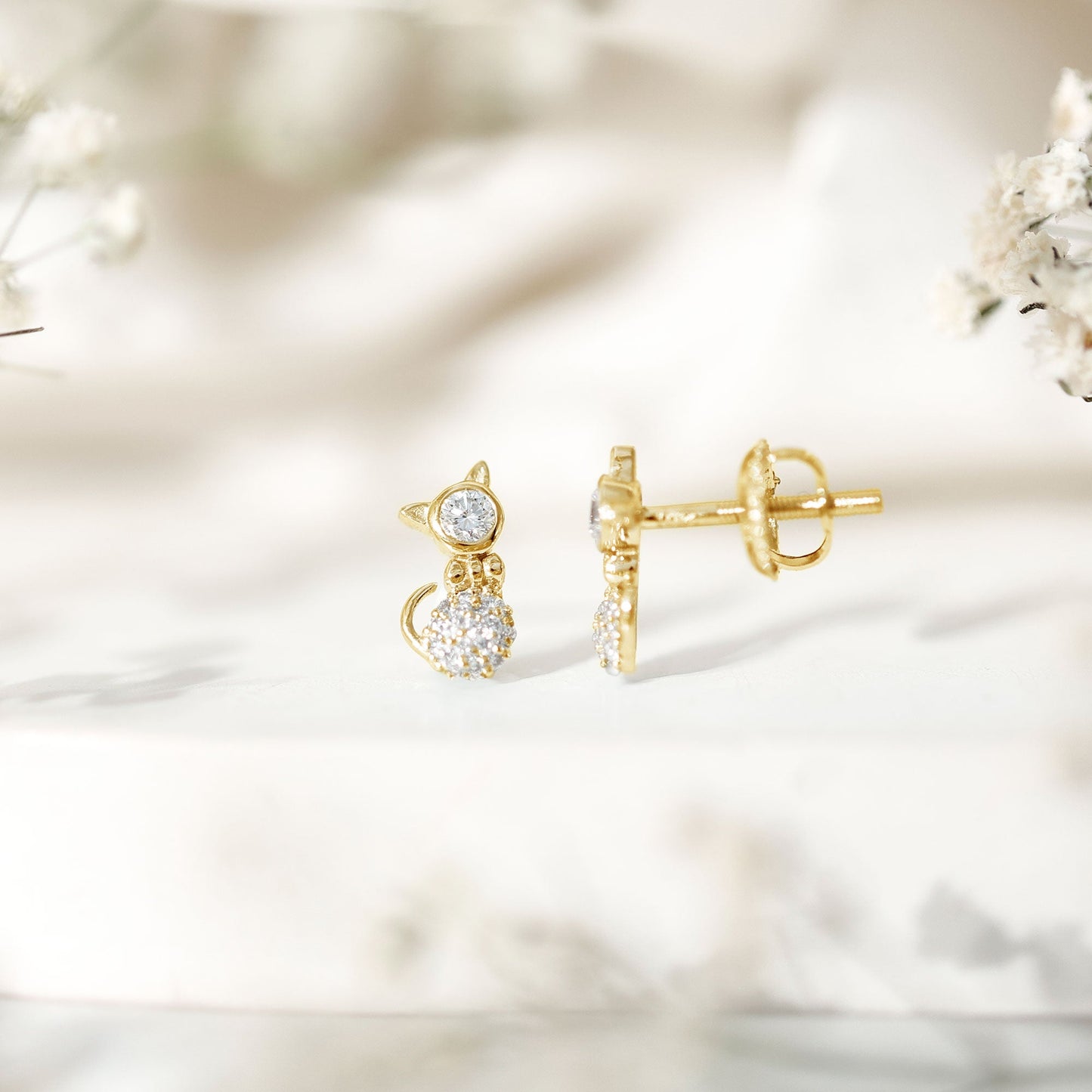 Certified Diamond Cat Kitty Earrings