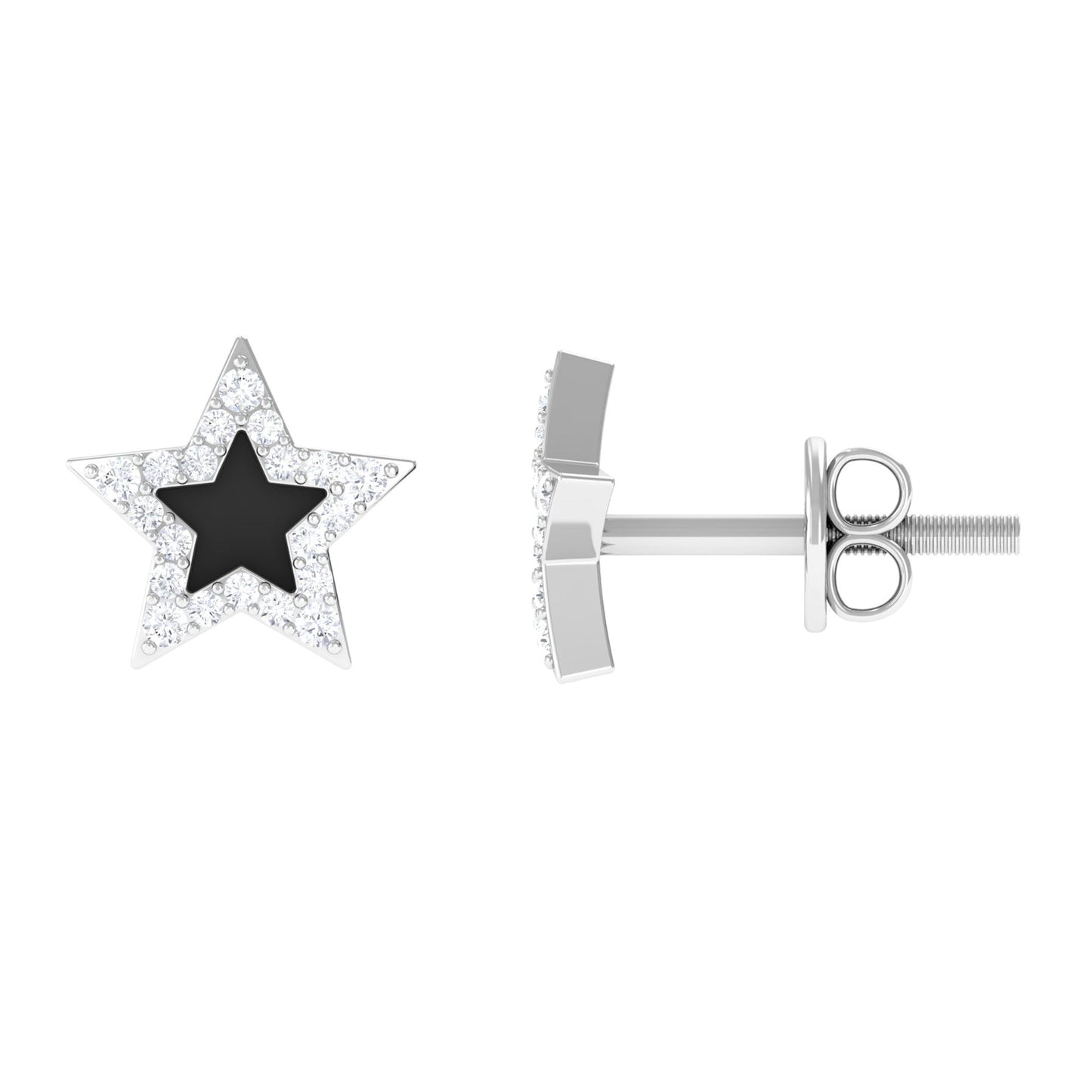 Natural Diamond Star Earrings with Black Enamel