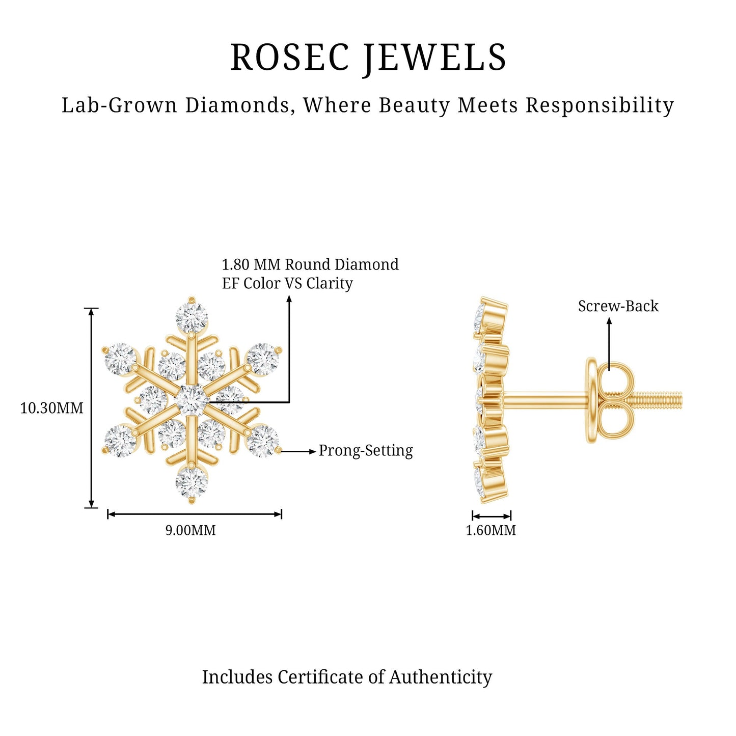 Certified Diamond Snowflake Stud Earrings with Screw Back