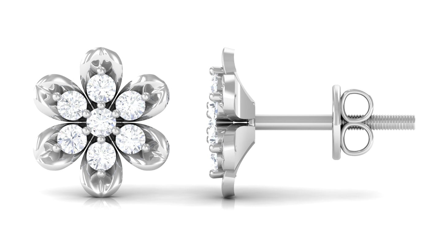 Brilliant Cut Diamond Flower Stud Earrings with Screw Back