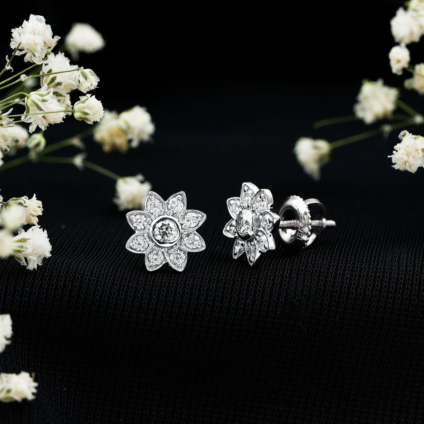 Diamond Flower Stud Earrings With Screw Back