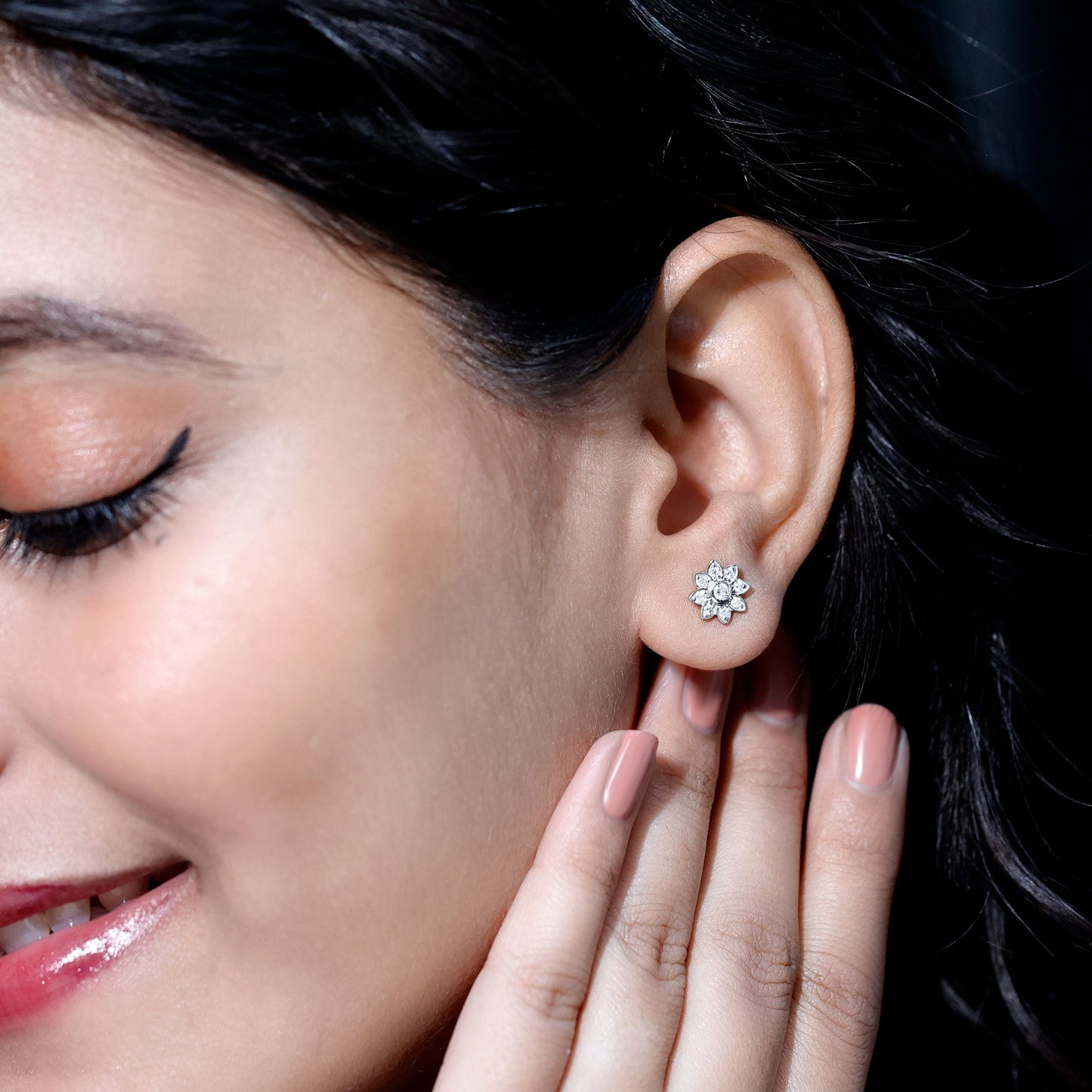 Diamond Flower Stud Earrings With Screw Back