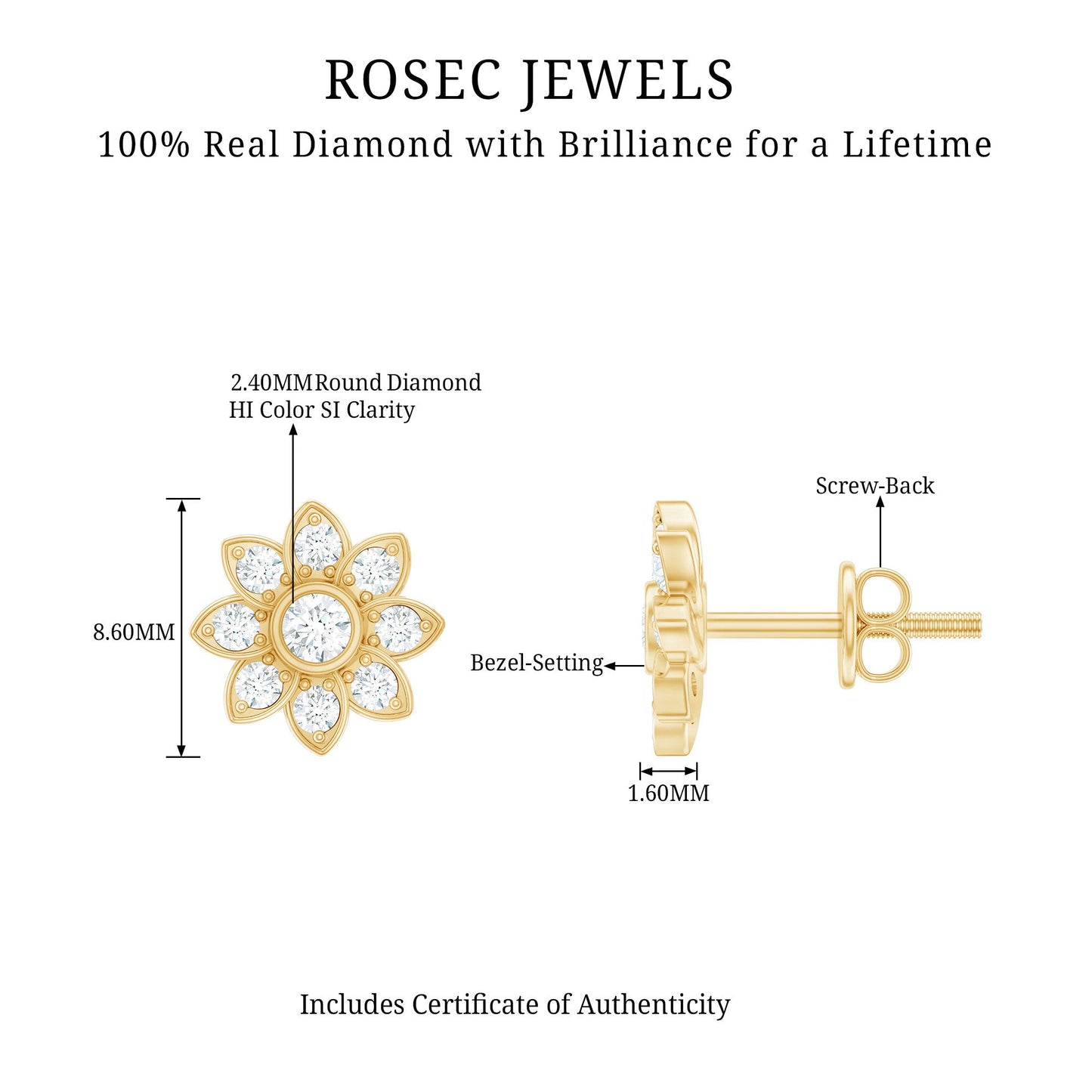Diamond Flower Stud Earrings With Screw Back
