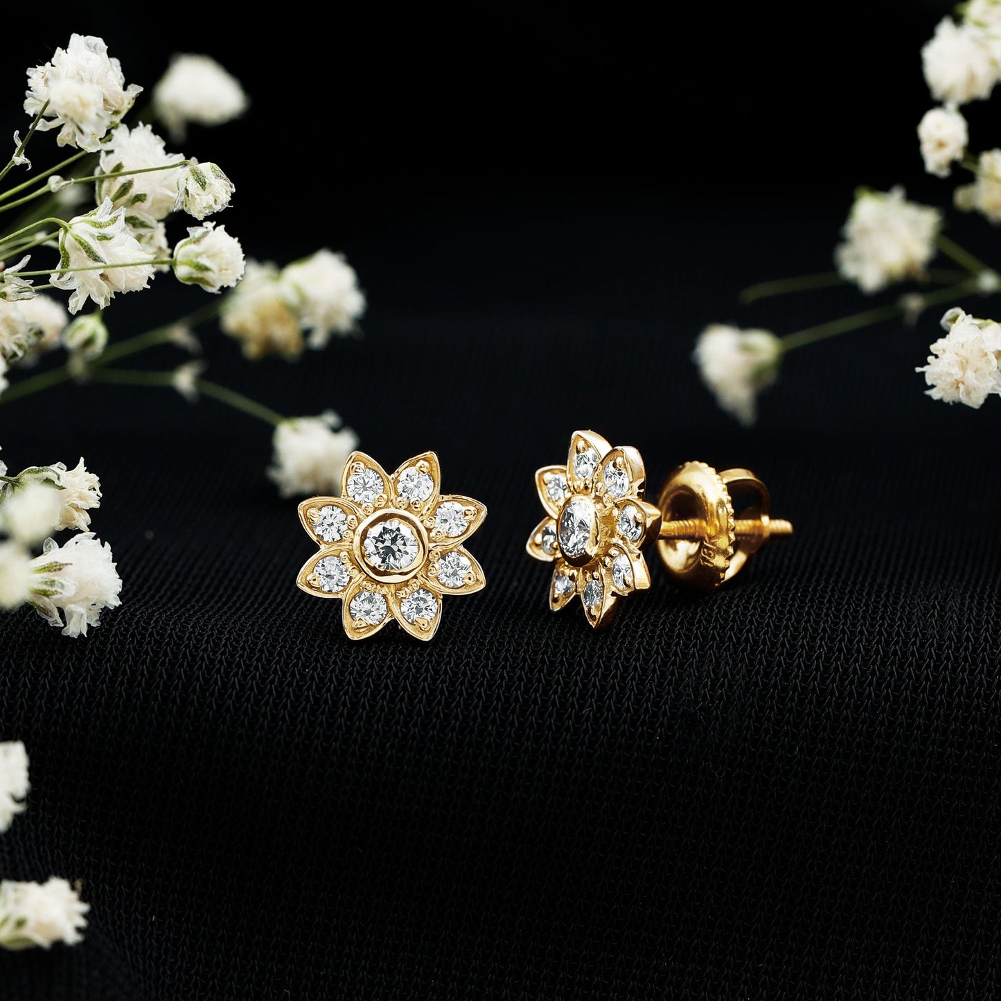 Diamond Flower Stud Earrings With Screw Back