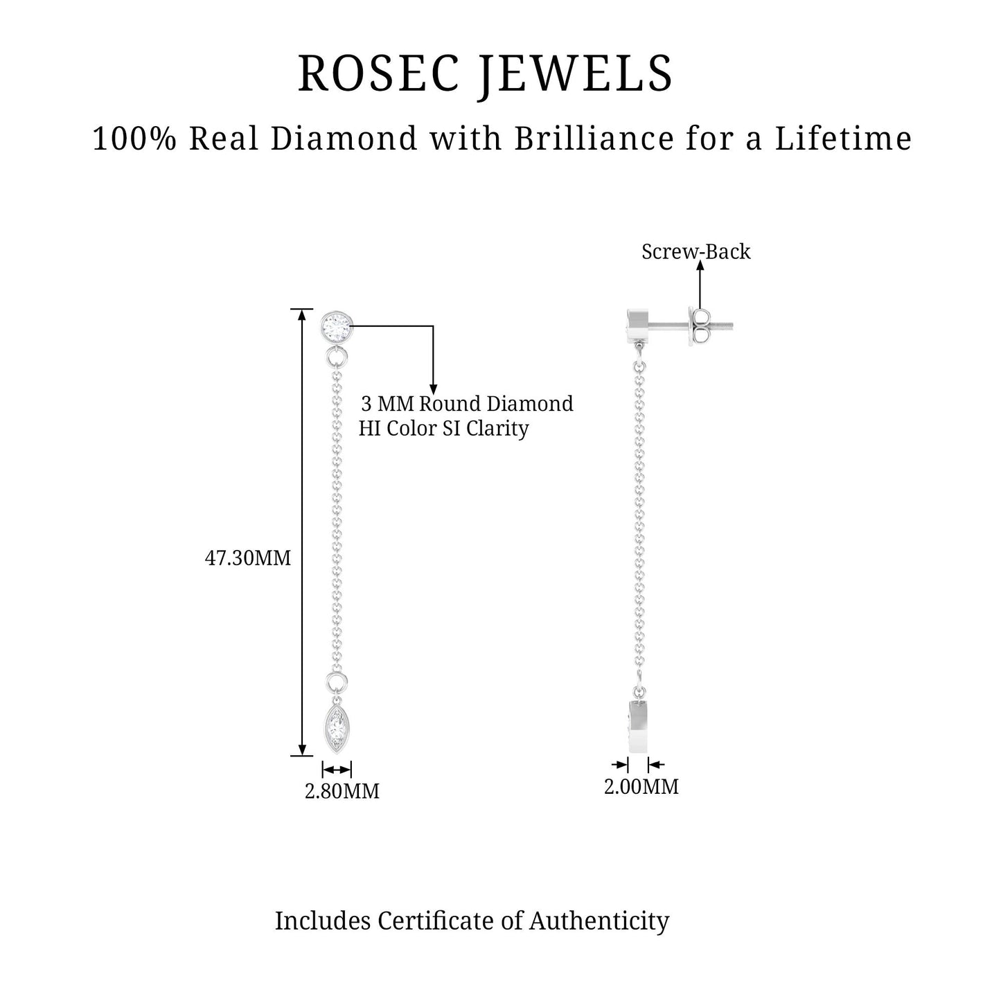 Certified Diamond Dangle Chain Earrings in Bezel Setting