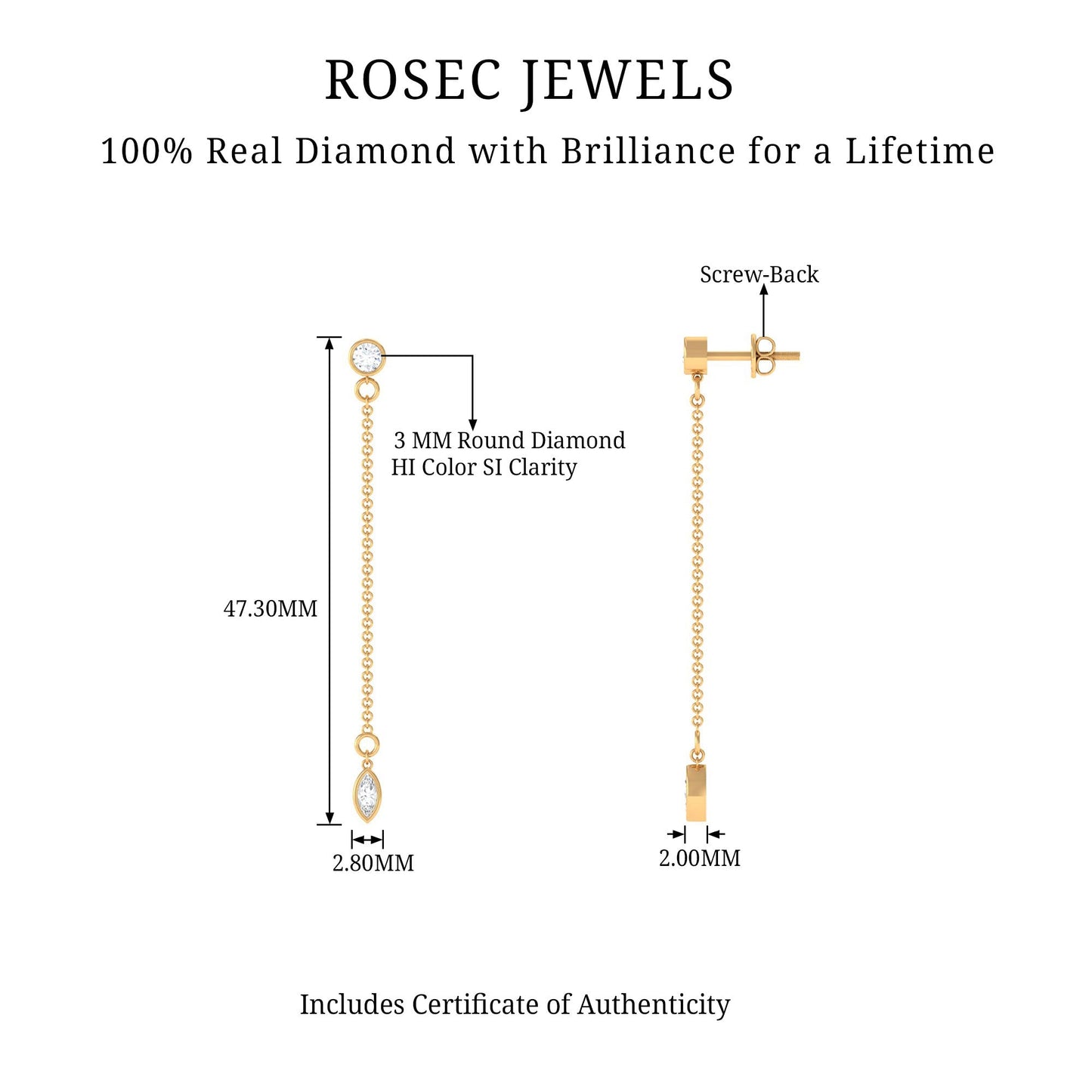 Certified Diamond Dangle Chain Earrings in Bezel Setting