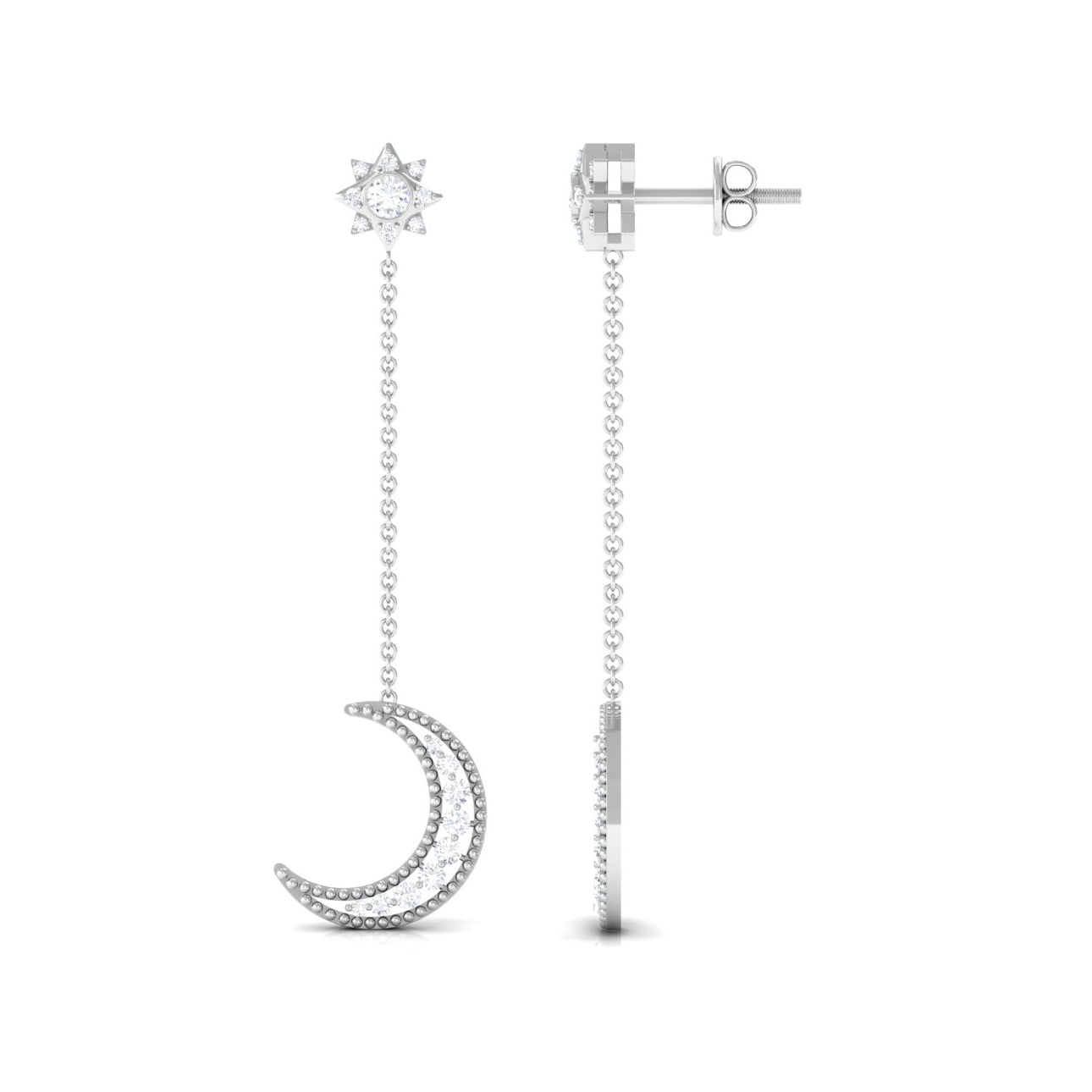 Certified Diamond Star and Moon Chain Earrings