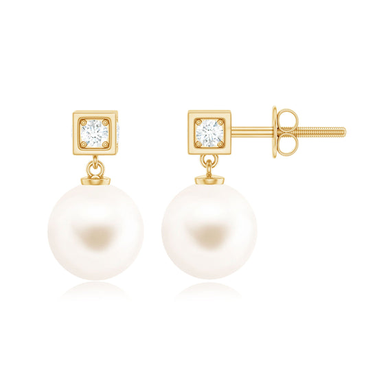 Real Freshwater Pearl and Diamond Drop Earrings