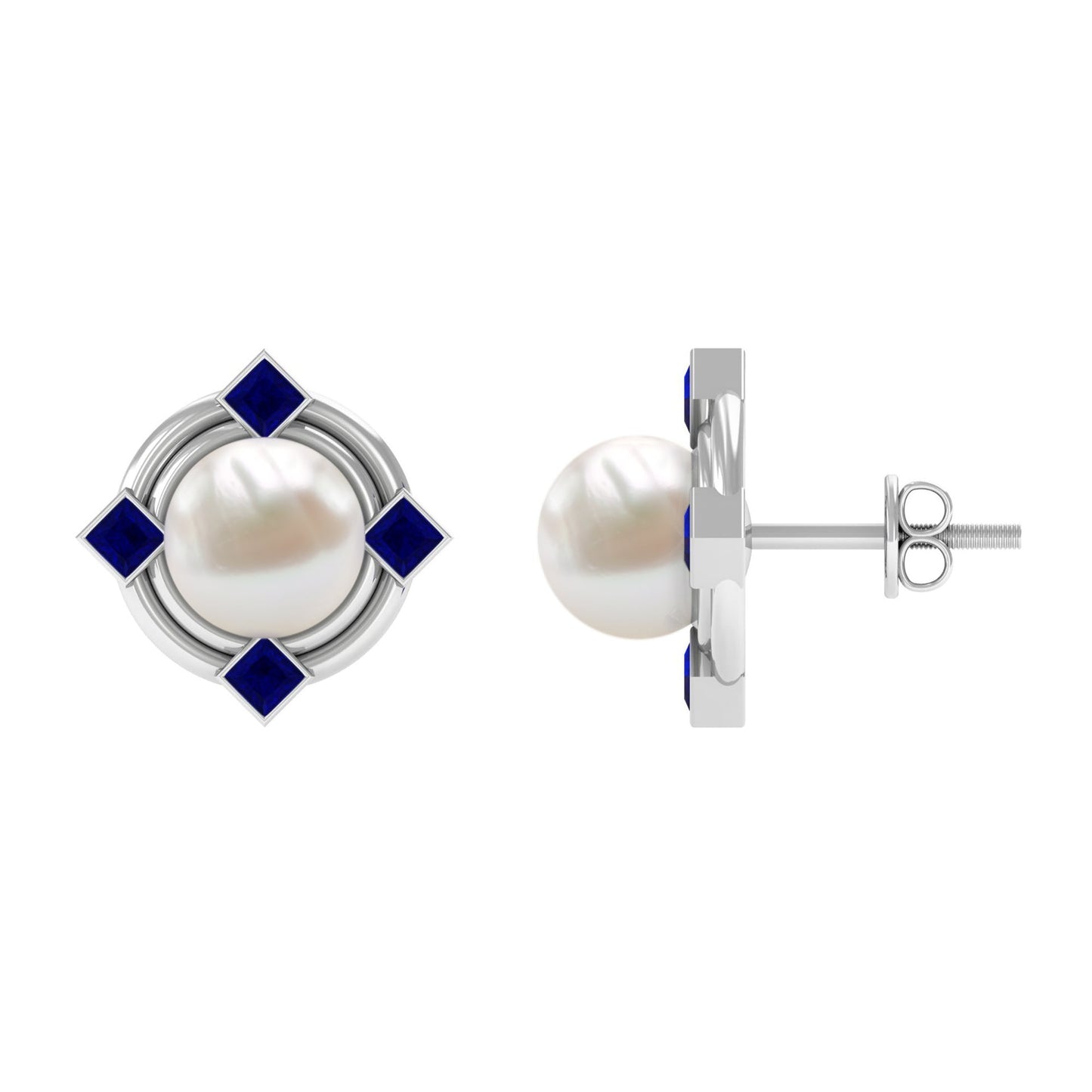 Real Freshwater Pearl and Blue Sapphire Modern Stud Earrings