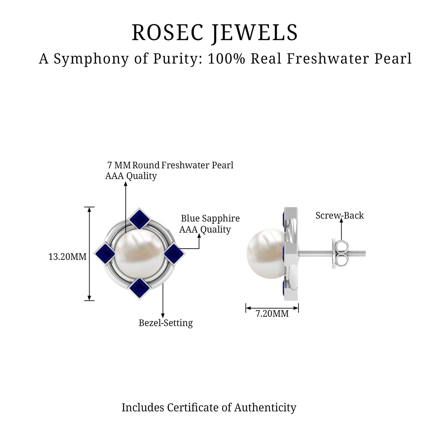 Real Freshwater Pearl and Blue Sapphire Modern Stud Earrings