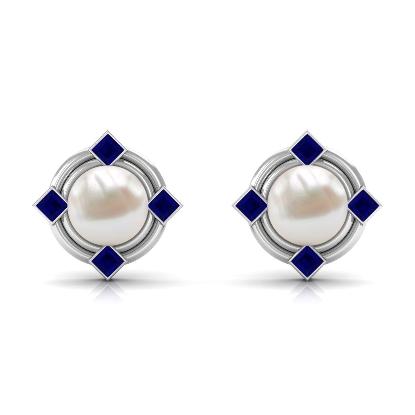 Real Freshwater Pearl and Blue Sapphire Modern Stud Earrings