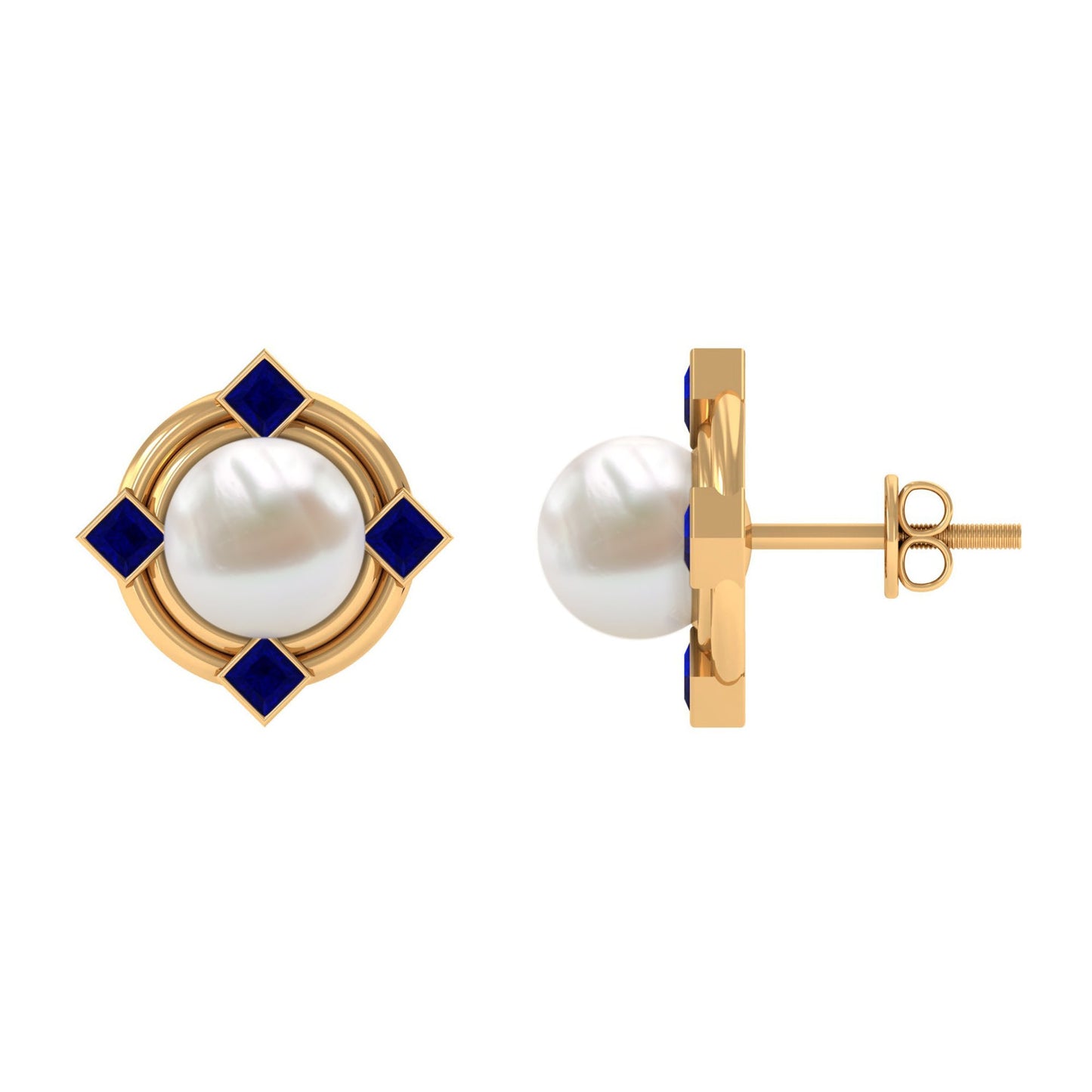 Real Freshwater Pearl and Blue Sapphire Modern Stud Earrings