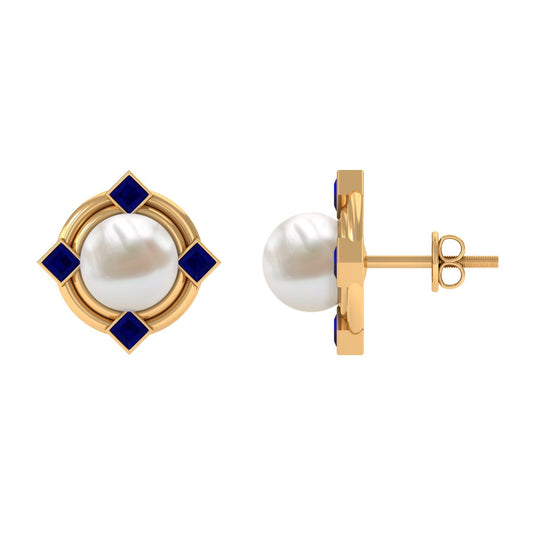 Real Freshwater Pearl and Blue Sapphire Modern Stud Earrings
