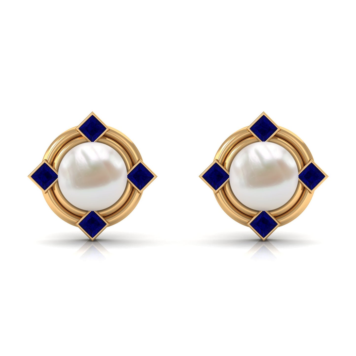 Real Freshwater Pearl and Blue Sapphire Modern Stud Earrings