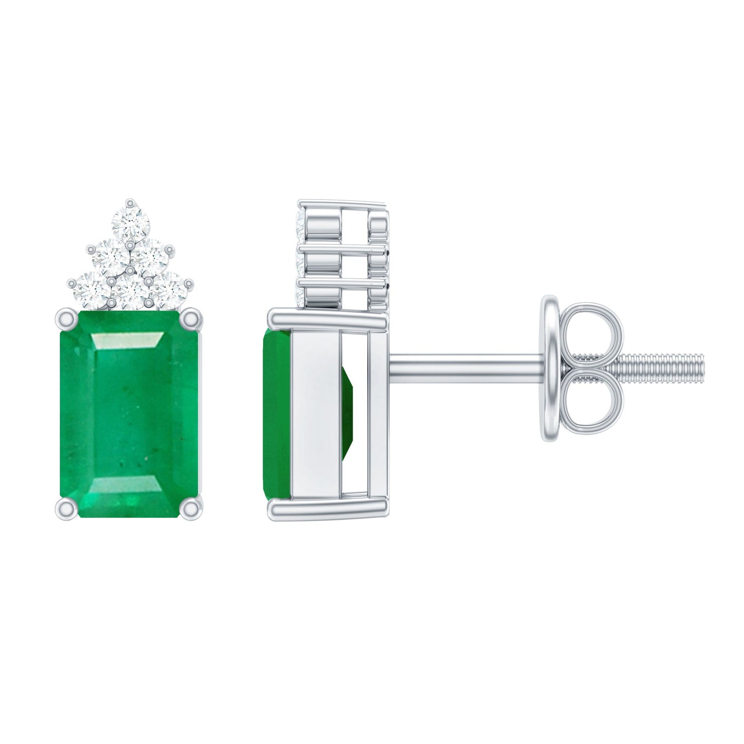 Genuine 1.32 Carat Emerald Cut Emerald Stud Earrings with Diamond Cluster
