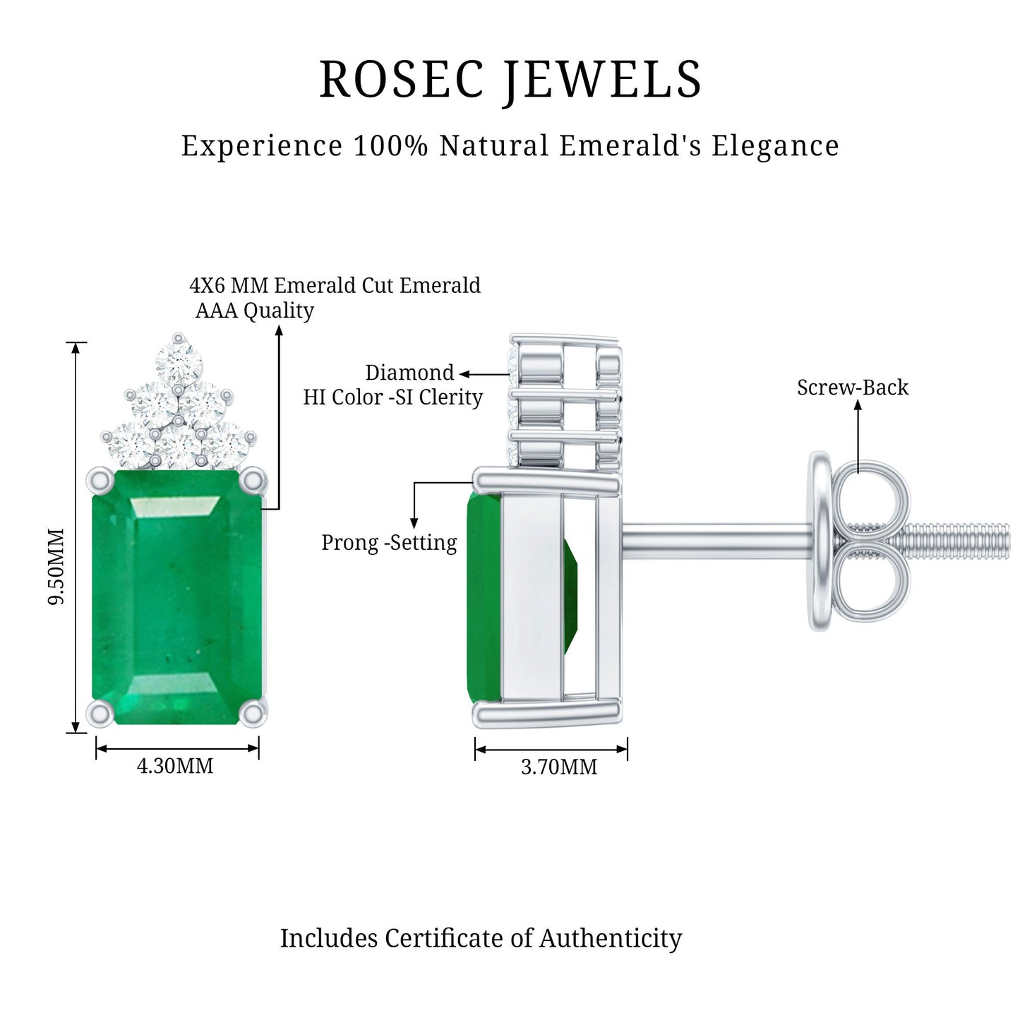 Genuine 1.32 Carat Emerald Cut Emerald Stud Earrings with Diamond Cluster