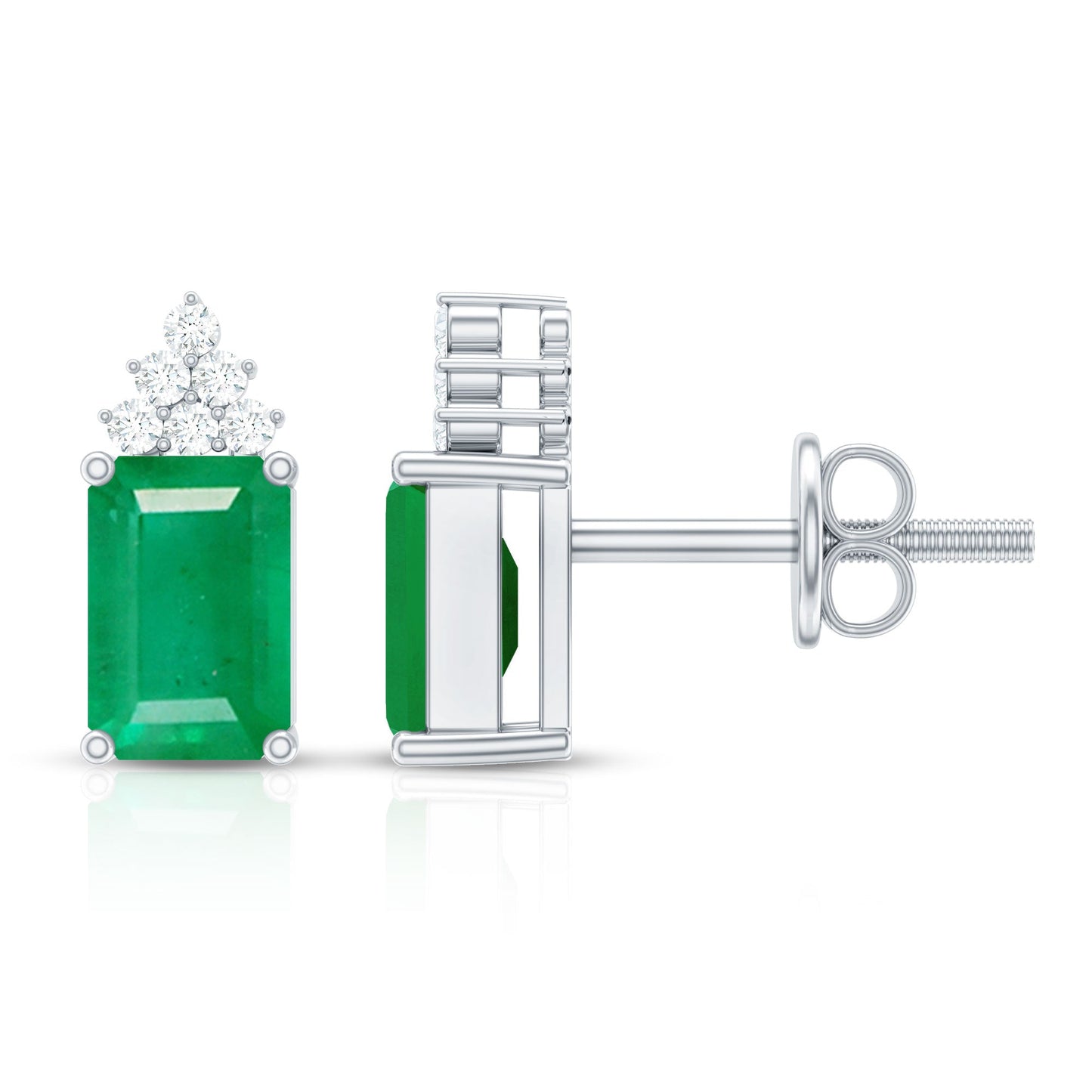 Genuine 1.32 Carat Emerald Cut Emerald Stud Earrings with Diamond Cluster