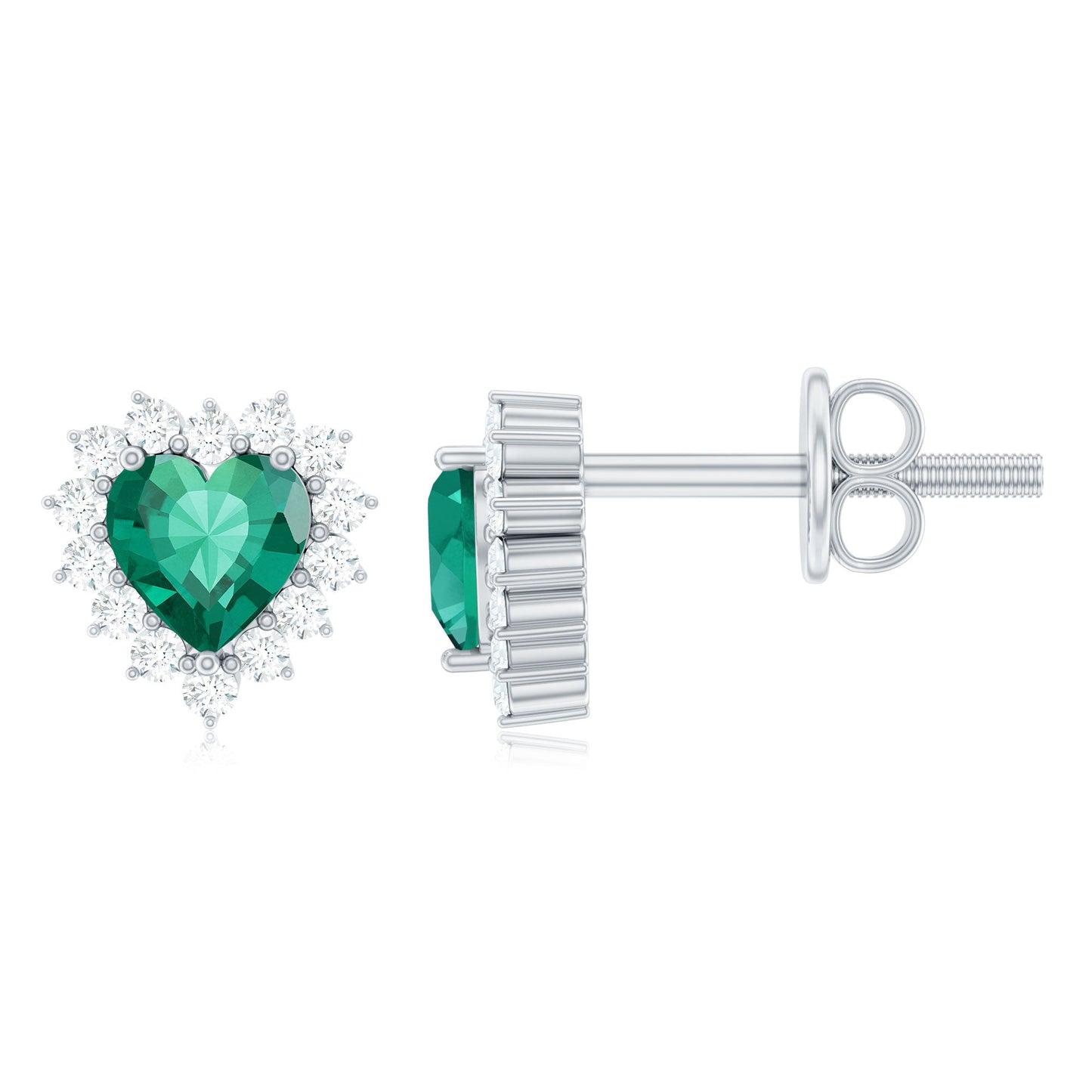 Heart Shaped Lab Created Emerald and Diamond Halo Stud Earrings