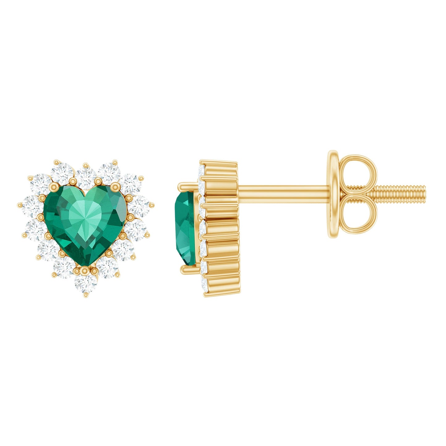 Heart Shaped Lab Created Emerald and Diamond Halo Stud Earrings