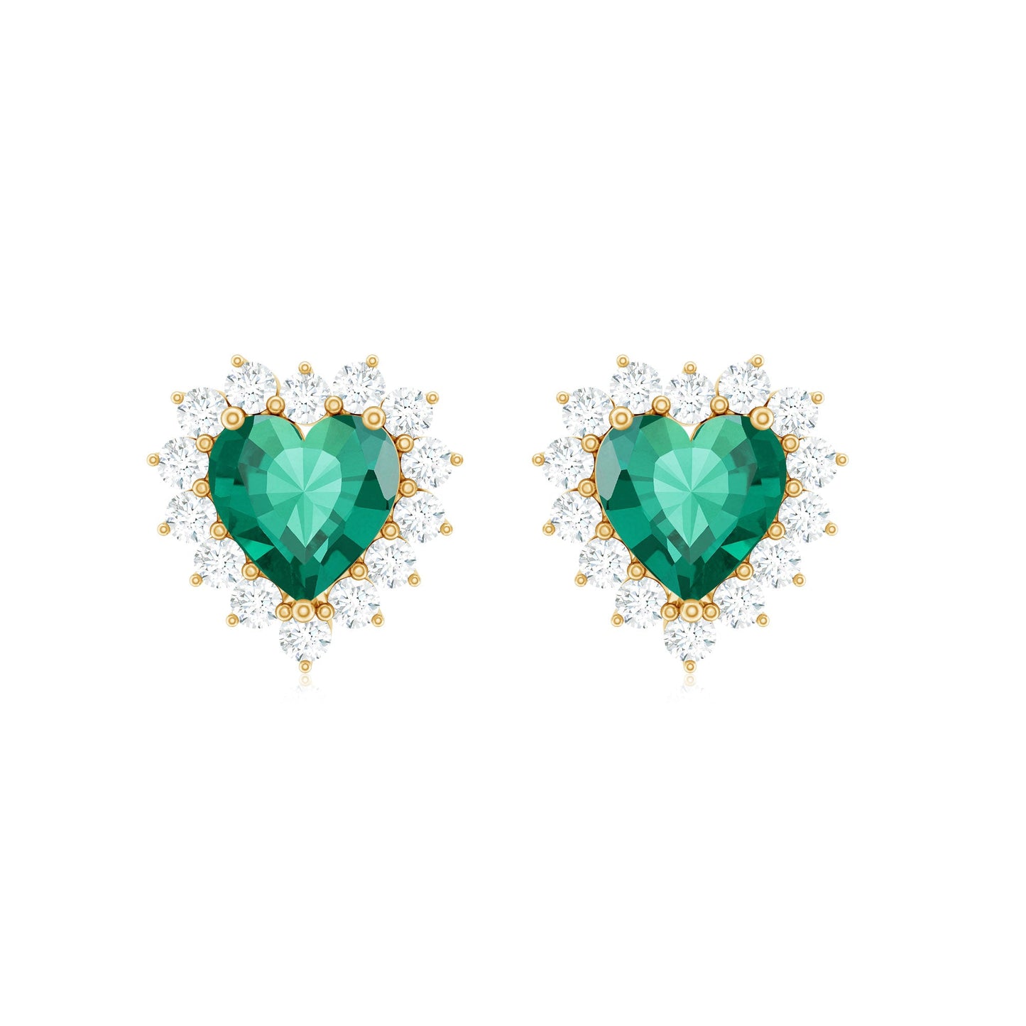 Heart Shaped Lab Created Emerald and Diamond Halo Stud Earrings